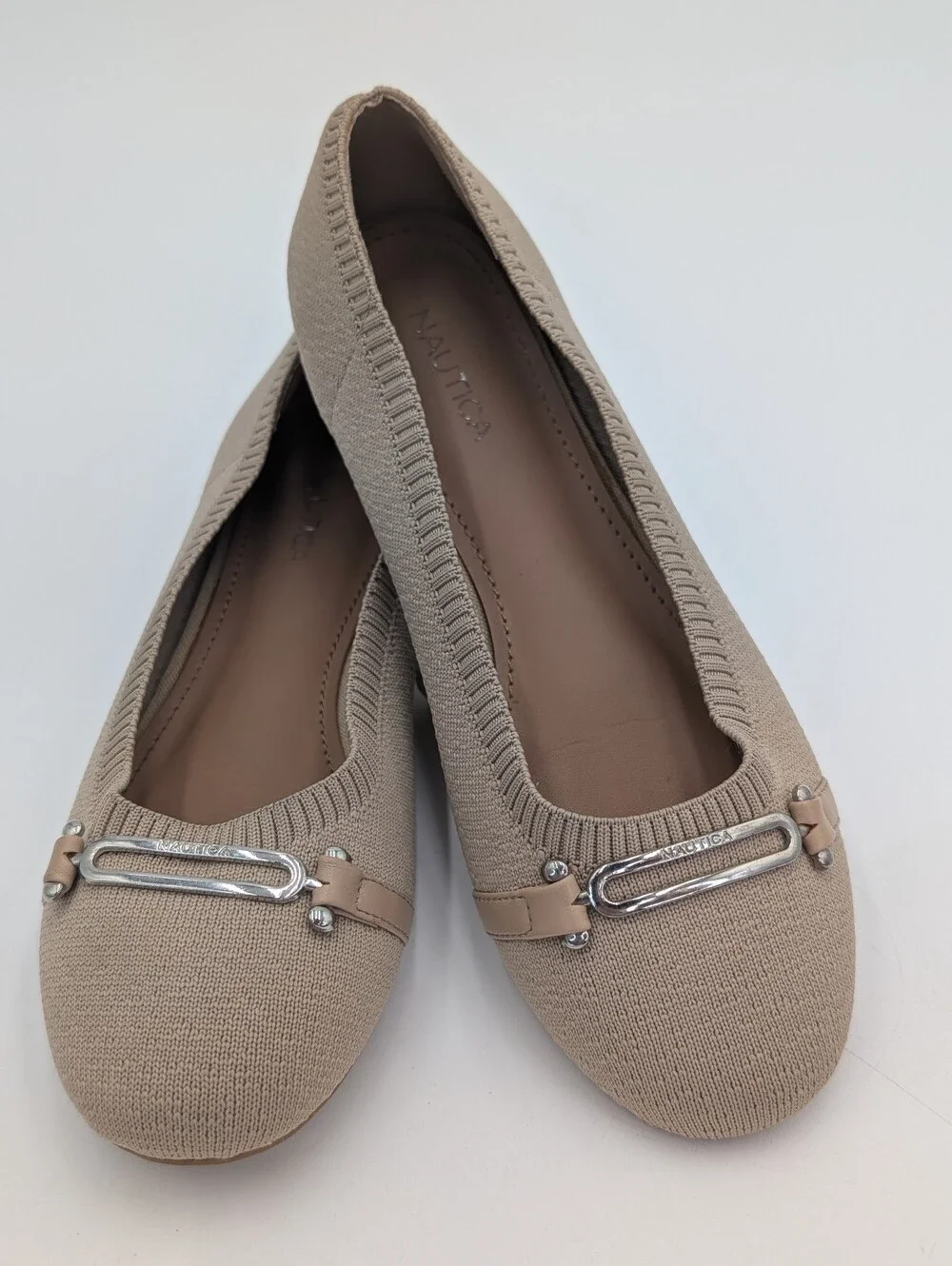Nautica Halidon Sz 8 Taupe Knit Upper Silver Equestrian Style Buckle Ballet Flat